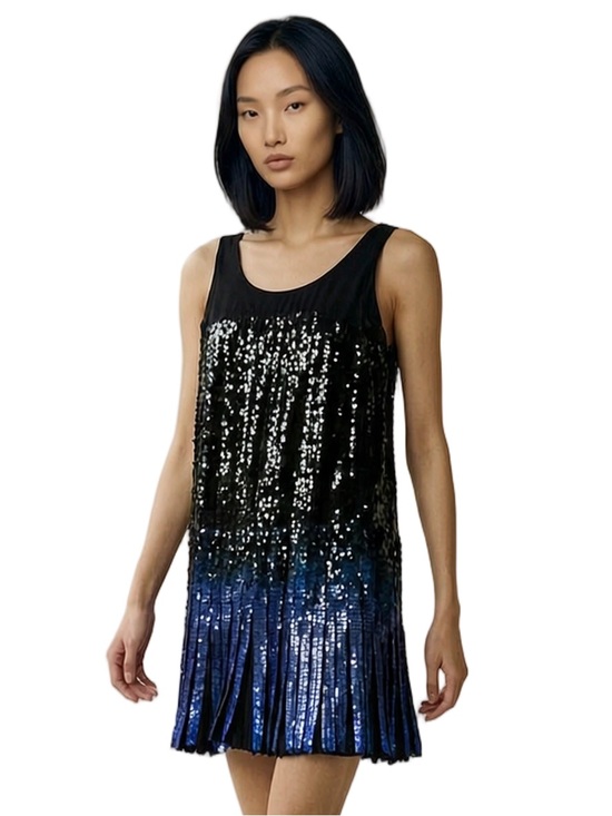 Anna Sui Dresses & Skirts - ANNA SUI Black Blue Sequin Pleats Mini Dress Flapper Scoop neck Sleeveless VTG